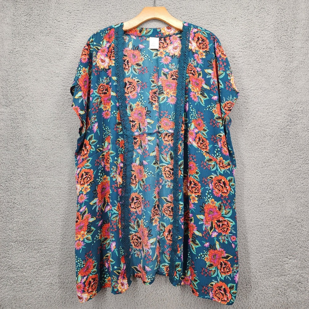 Xhilaration Womens Floral‎ Kimono Cardigan Teal Orange Crochet Lace L/XL